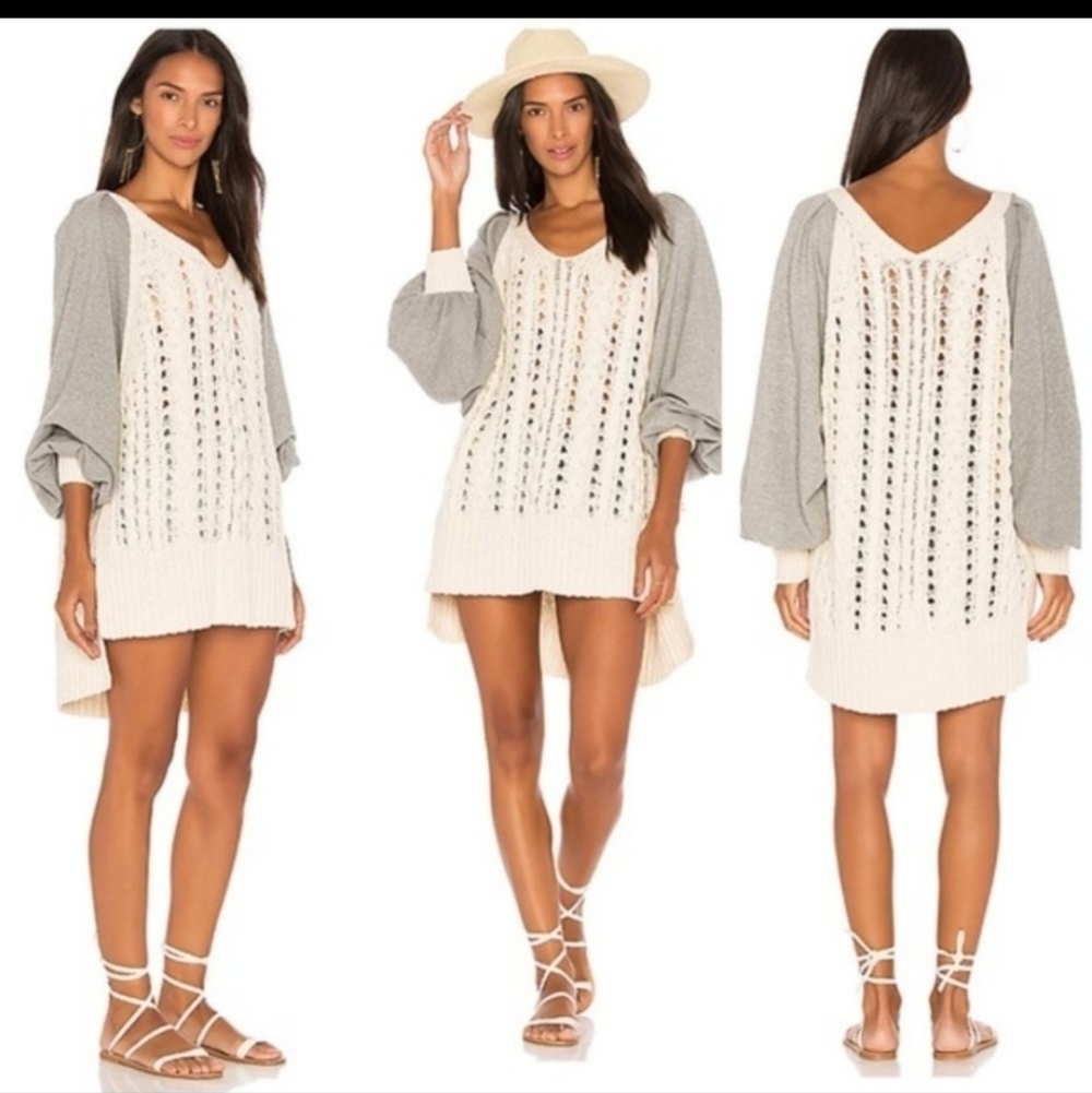 Free People Cream Cable Knit Openwork Tunic with Gray Puff Sleeves